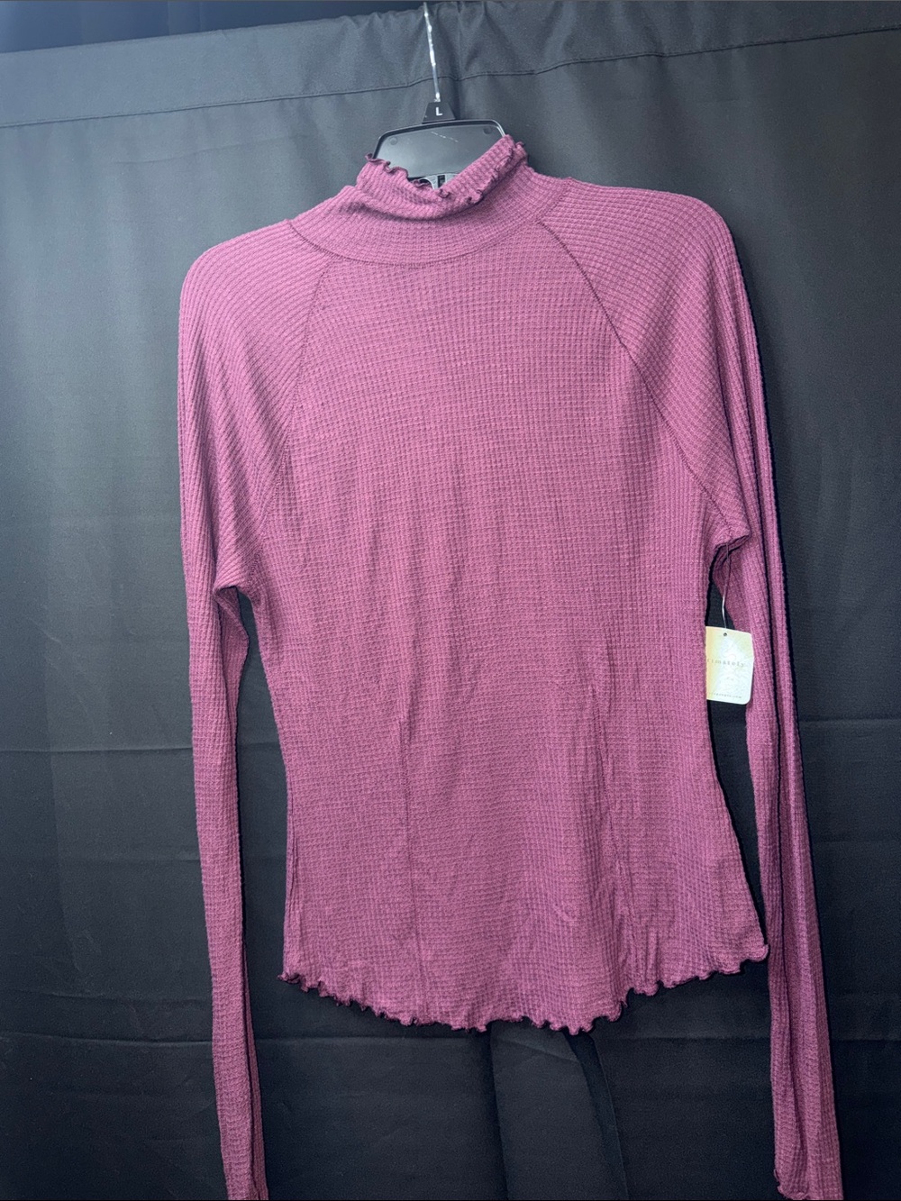 Free People Plum Waffle Knit Ruffle Mock Neck Long Sleeve Top